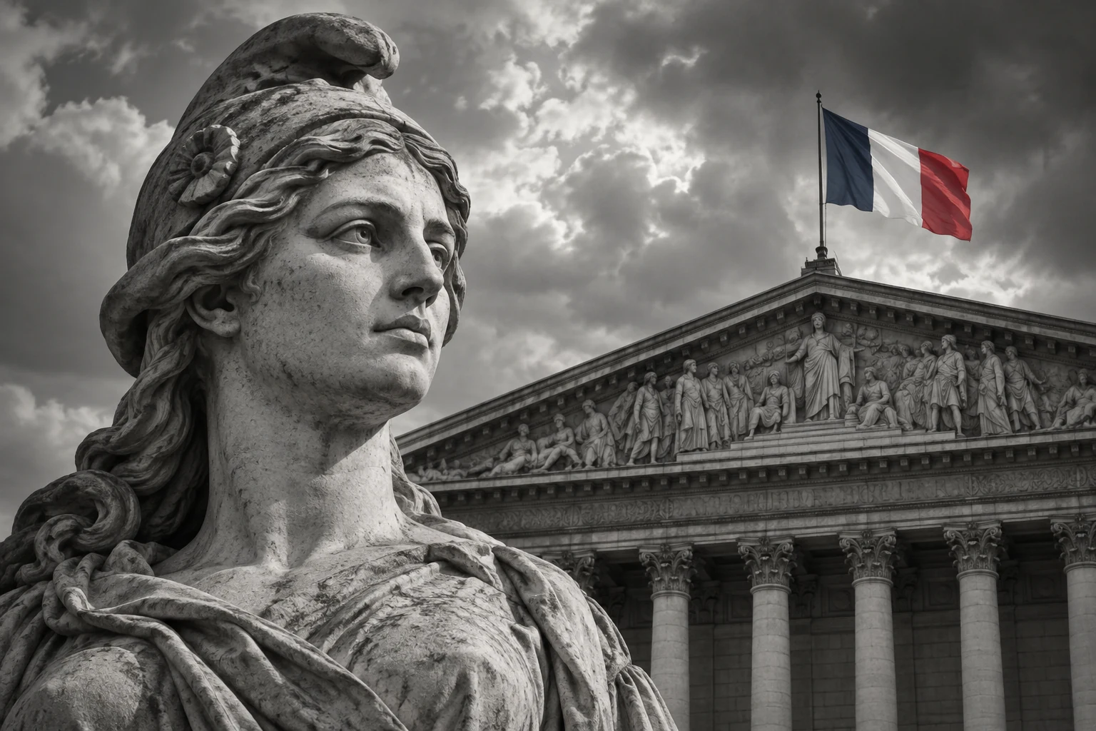 Composition de Marianne devant le Palais Bourbon, avec un drapeau français aux couleurs atténuées.